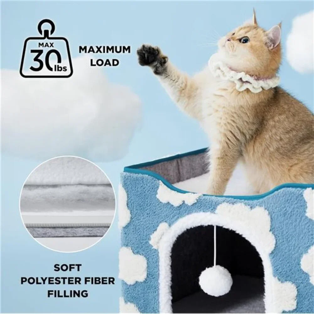 Cat Bed Indoor Cat House Large Cat Cave Foldable Kitten Hideaway with Hanging Ba
